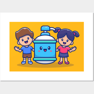 Cute Boy And Girl With Hand Sanitizer Bottle Posters and Art